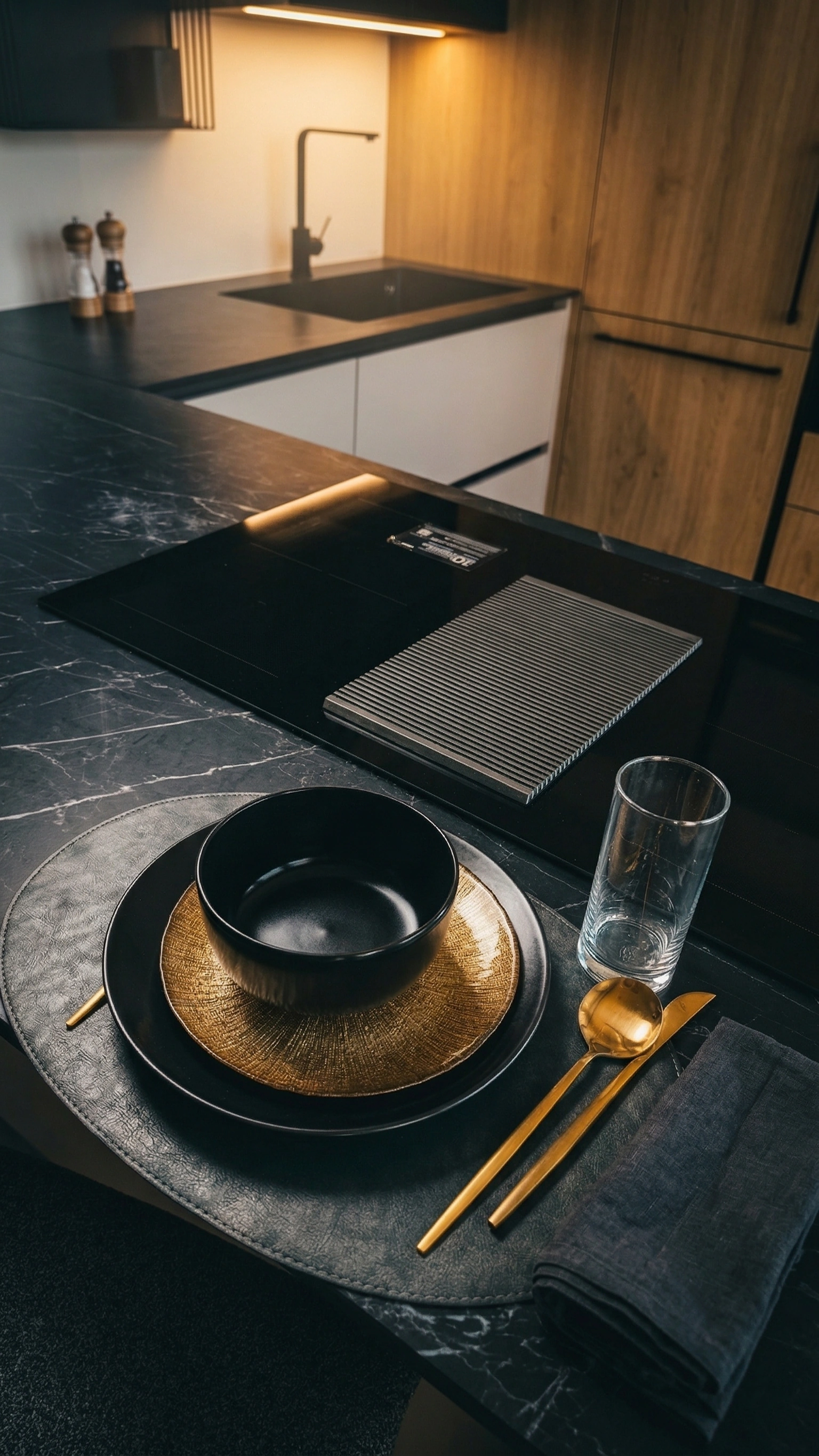 Dettaglio cucina con piano in marmo nero e accenti dorati